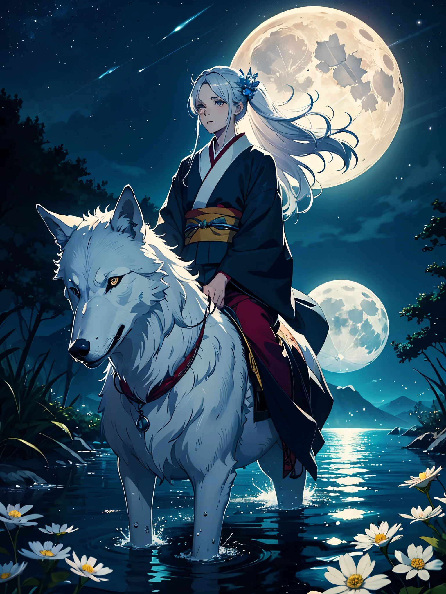 Mehr anime. Riding a wolf. Kimono. Geweih. Lichter. Magisch. King of the moon. Long hair. long white hair. aquatic, boy, silver hair accessories, White hair, blue flowers. Blue lights. Vollmond. Geweih. Kimono