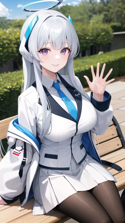 masterpiece, best quality, highres, aanoa, long hair, headgear, mechanical halo, large breasts, blue necktie, white shirt, off shoulder, white jacket, open jacket, long sleeves, white skirt, pleated skirt, black pantyhose, waving, smile, sitting, bench, outdoors