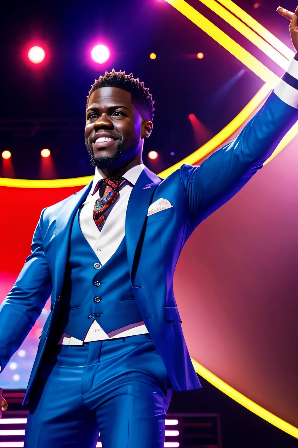 Create a vibrant, cartoon-style portrait of Kevin Hart. The character should be depicted with a wide, engaging smile and expressive eyes that radiate energy and charisma. He should be dressed in a stylish, bright blue blazer over a crisp white shirt, embodying his distinctive flair. The background should be a simplified comedy club scene, with a spotlight illuminating him and a blurred impression of an audience in the background, emphasizing his star presence on stage. The art style should be exaggerated and lively, using bold colors and clear, dynamic lines to convey a cartoonish and energetic feel.
