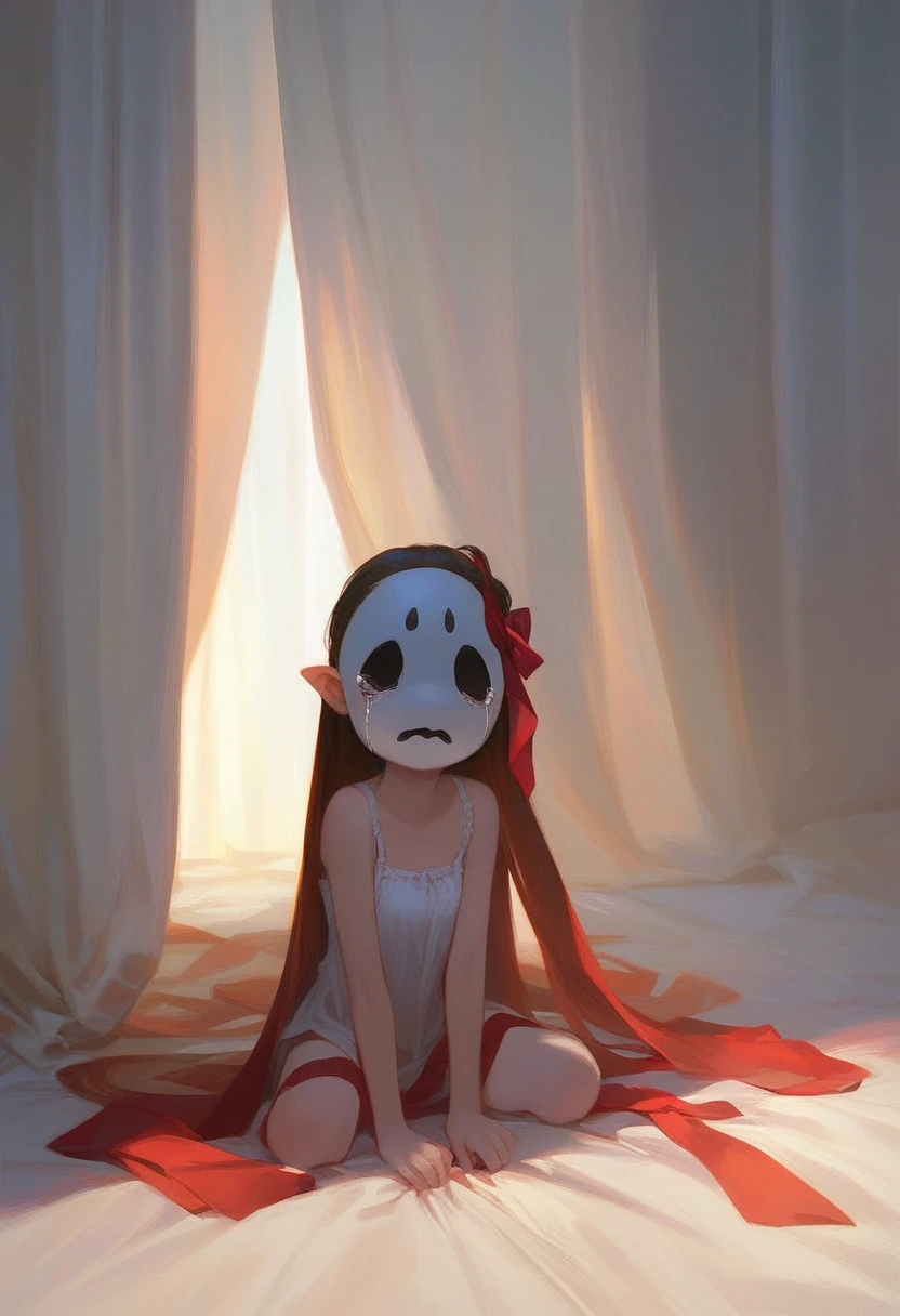 gangle, solo, blue eyes, ribbon, indoors, tears, red ribbon, no humans, mask, crying, curtains, female, full body, source, black eyes, humanoid, source