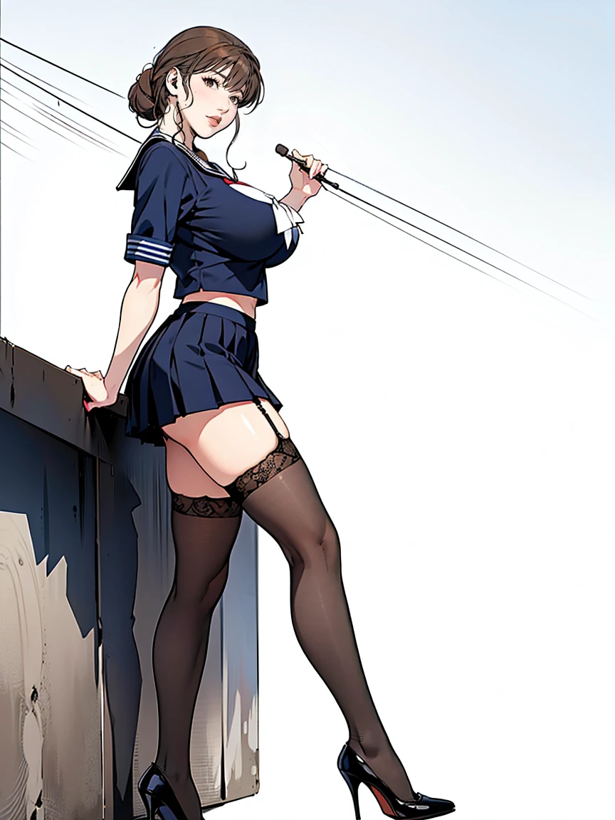(masterpiece, Highest quality:1.2), One Girl, alone, whole body, Big Breasts,, Brown Hair,Big Breasts, Brown eyes, Mature Woman, blush, , she is standing on the street,whole body, Brown Hair, lipstick, ランダムなカラーのSailor suit、((High quality fabric, Sailor suit, Navy Pleated Skirt)), ((Short length)), zettai ryouiki, Exposing your thighs, White skin, (Black garter stockings), ((Wear black high heels)),, (Show me your skirt flipping up:1.2), (I like showing my crotch to the audience......, ), pubic hair,