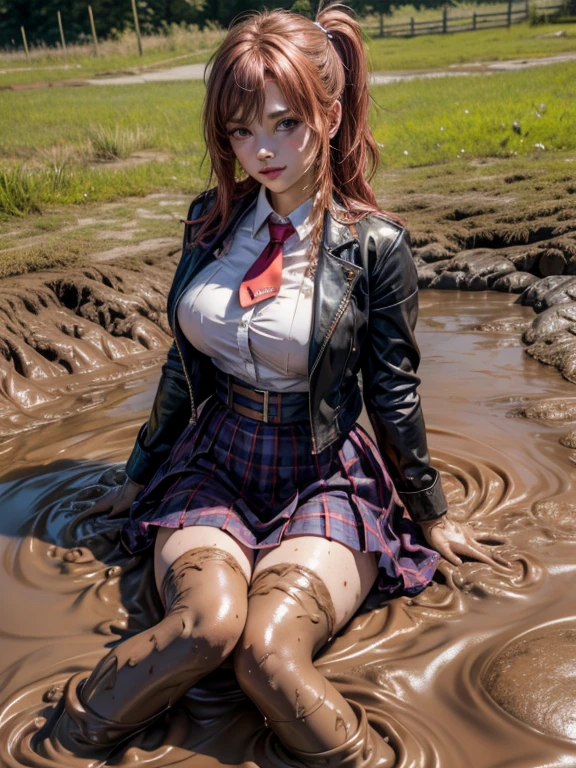 school girl was sprayed with water , school girl Was sprayed with water , (Masterpiece, best quality:1.2),  , look at viewer , school girl wet white clothes, Soaking wet, dripping wet, Wet hair, Wet skin, translucent, Glittering with oil, fully dressed, Wet muddy field, dripping with mud, Arms full of mud, mud hair, lying in the mud, submerged, Covered all over, A face full of mud , dark red skirt , plaid skirt , pleated skirt , The shirt is tight. , white shirt , school girl  , red knot , red bow , school , The skirt is next to the chest. , big breasts , big tits , (masterpiece, best quality:1.2), solo, 1girl, honoka , skull hair ornament , purple jacket, necktie, single glove, black gloves, plaid skirt, white thighhighs  