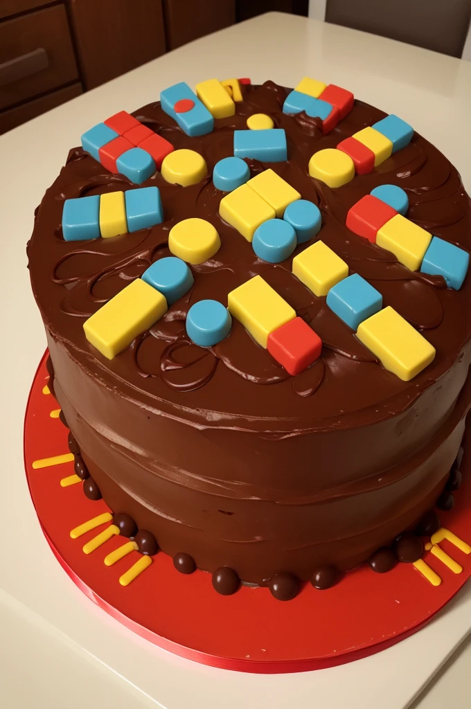 Chocolate cake in the shape of dominoes adding up to 9 , the cake is chocolate with sprinkles&m yellow