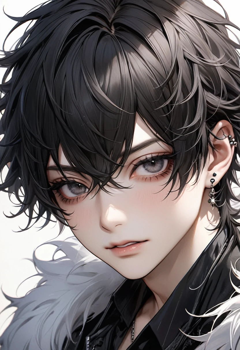 Ultra-high resolution,(Realistic:1.4), ((Highest quality)), ((masterpiece)), Black hair, ruffled fluffy hair, curly hair, Short Hair、Flowing bangs、black eyes,Cool guy,Musician、Close-up、adultの歳,Short bangs,Cool piercings,Sparkling、Sidelong glance、Alluring、adult、looks strong、Visual Kei、Handsome、HYDE、Droopy eyes、Singing、Charisma、juvenile、Beardless、Droopy eyes