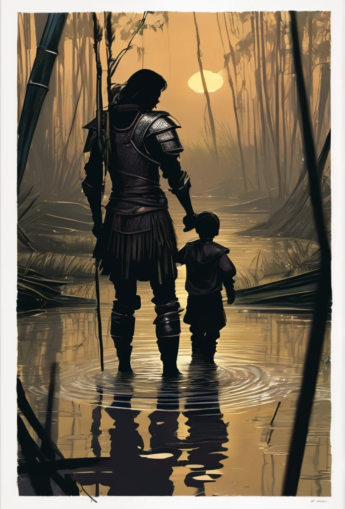 A warrior in leather clothes , holding a boy in your arms , the setting is a dark swamp covered in reeds