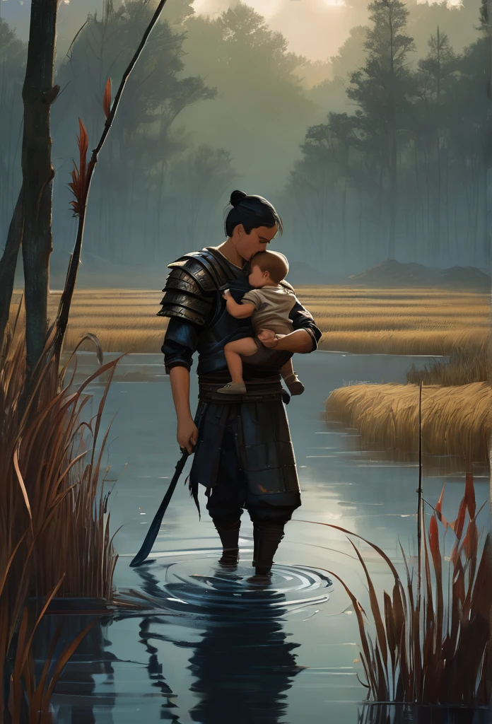 A warrior in leather clothes , holding a boy in your arms , the setting is a dark swamp covered in reeds