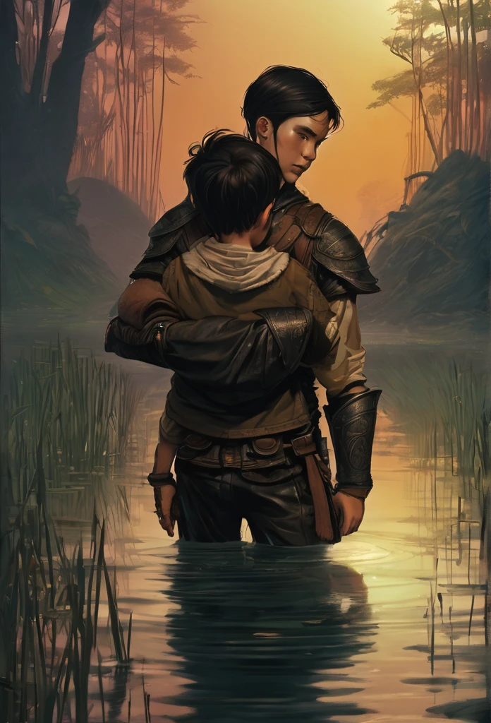 A warrior in leather clothes , holding a boy in your arms , the setting is a dark swamp covered in reeds