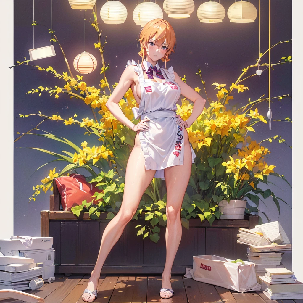 (((masterpiece, Highest quality, High resolution, 超High resolution, 4K, ))), One Woman, ((Food Wars!, Erina Nakiri)), Naked Apron, whole body, kitchen, Crab-legged stance, Peace sign with both hands, ((whole bodyローアングルビュー))
