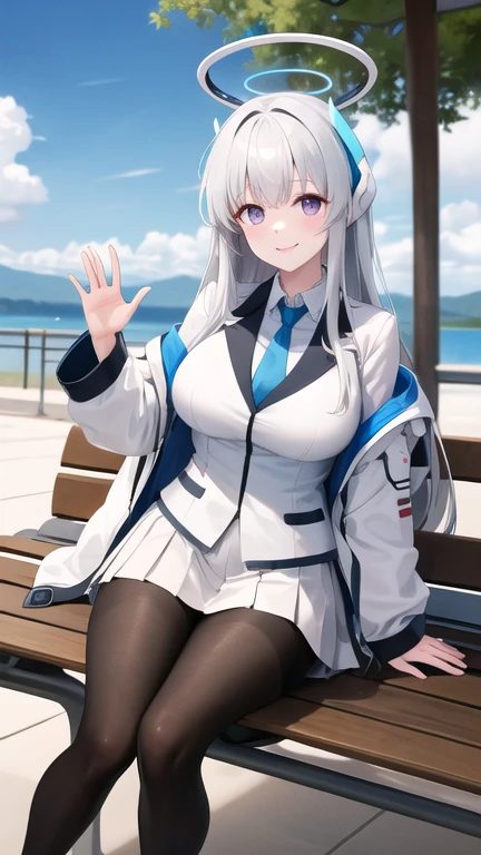 masterpiece, best quality, highres, aanoa, long hair, headgear, mechanical halo, large breasts, blue necktie, white shirt, off shoulder, white jacket, open jacket, long sleeves, white skirt, pleated skirt, black pantyhose, waving, smile, sitting, bench, outdoors