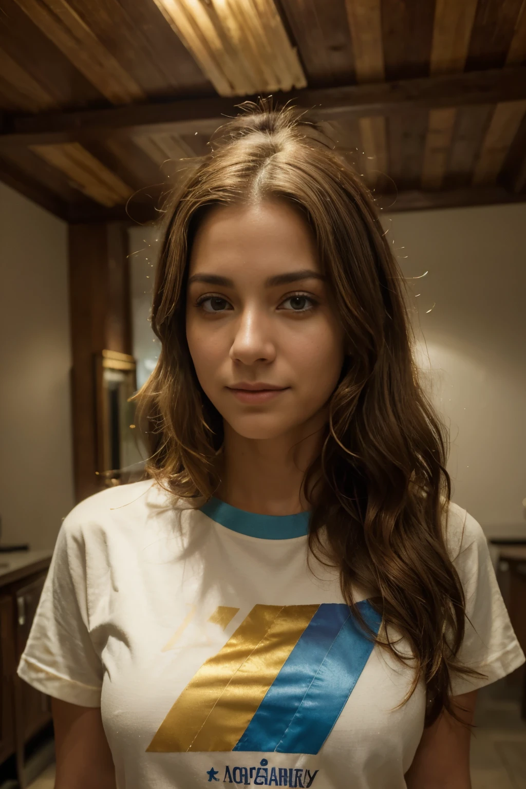 (Best quality, Ultra detailed, Golden ratio, Masterpiece:1.2), Theatrical lighting:0.7, Photo of a woman, a Disney fan from Colombia, dressed in a t-shirt with the number 10 and the word "Heaven" written on it, shoulder-length curly hair, casually styled, looking sideways with a sense of wonder, (highly detailed skin), naturally dyed hair with a mix of golden and brown tones, facial details highlighted, (thin, medium size:1.2), [:(Sharp focus on eyes, expression of joy and excitement:1.2):0.2], photorealistic, film grain, capturing the