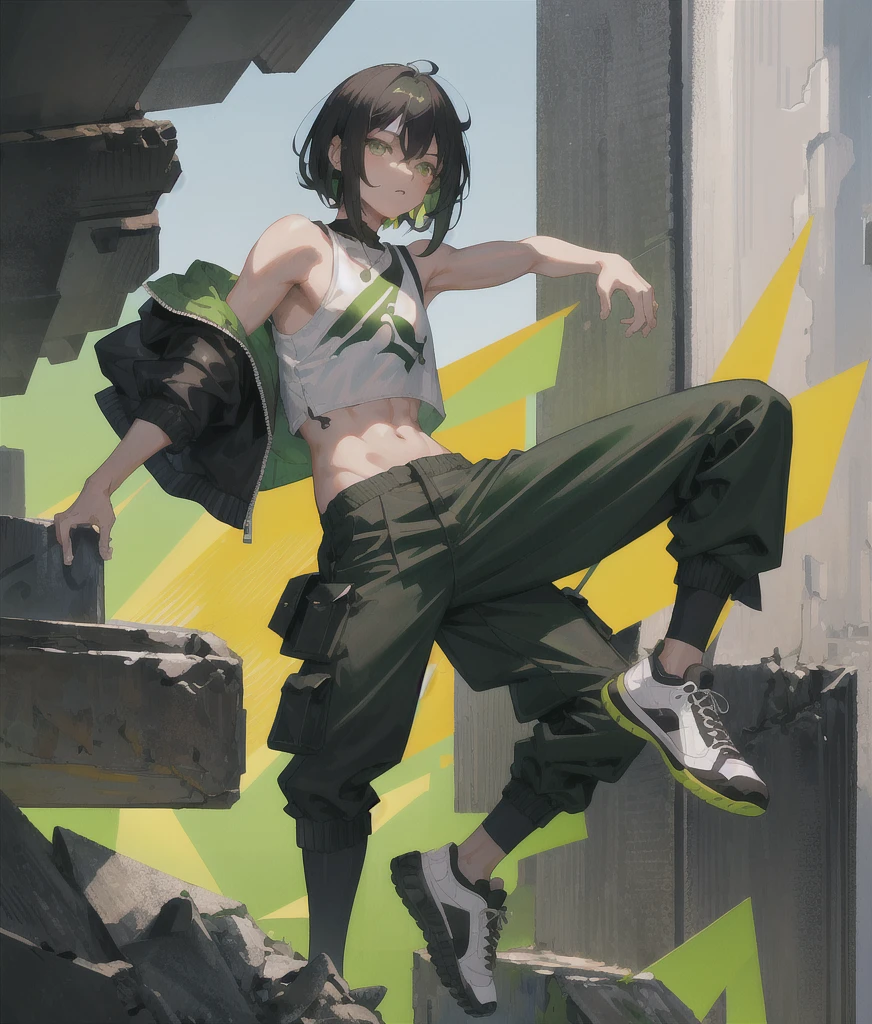 a boy, shoulder length hair, straight and dark hair, dark of black ethnicity, wearing a black yk2 crop top, moss green cargo pants, green and white Jordan sneakers, negro