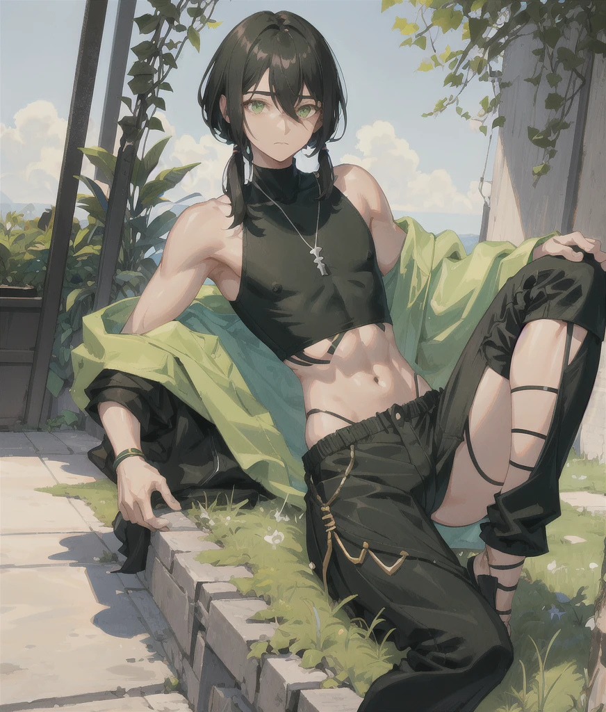 a boy, shoulder length hair, straight and dark hair, dark of black ethnicity, wearing a black yk2 crop top, moss green cargo pants, green and white Jordan sneakers, negro