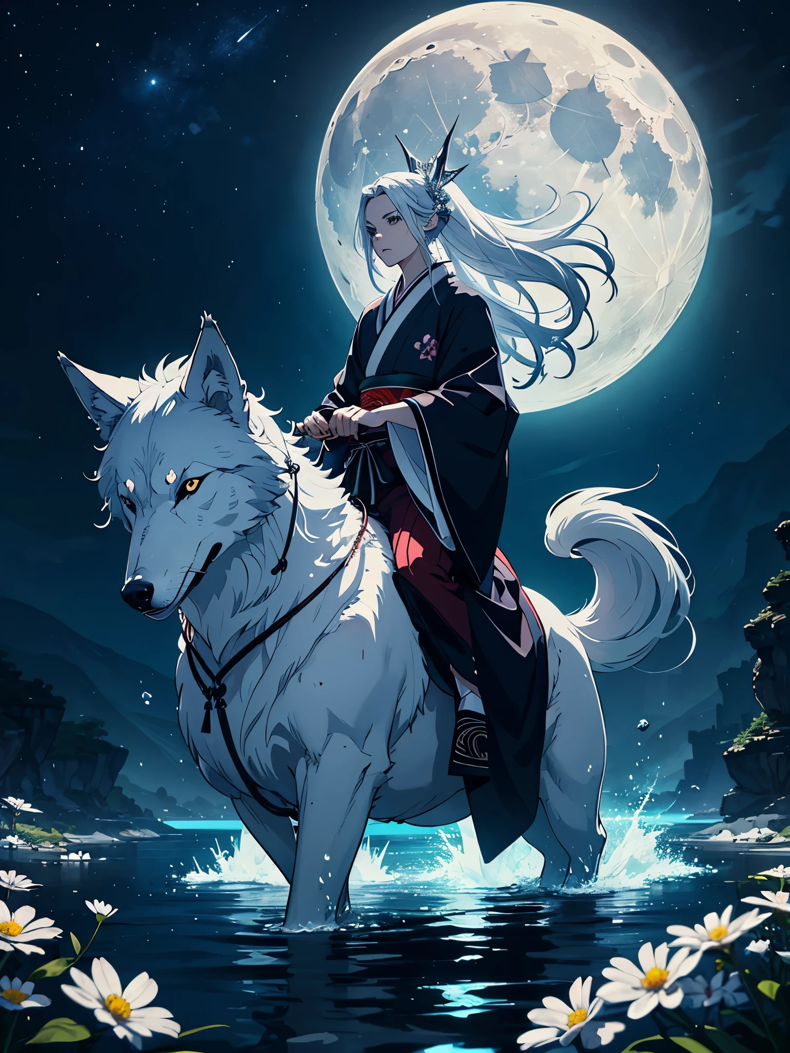Mehr anime. Riding a wolf. Kimono. Geweih. Lichter. Magisch. King of the moon. Long hair. long white hair. aquatic, boy, silver hair accessories, White hair, blue flowers. Blue lights. Vollmond. Geweih. Kimono