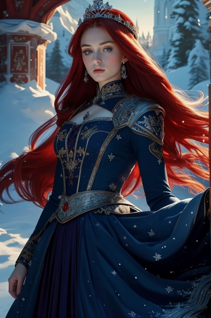 16 year old Sophie Turner, ultra detailed face, ultra detailed blue eyes, long red hair, (dress, long skirt), crown, winter, (((masterpiece)))