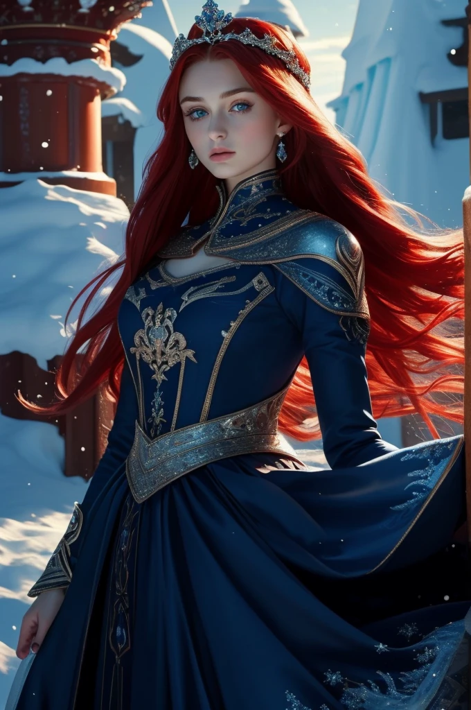 16 year old Sophie Turner, ultra detailed face, ultra detailed blue eyes, long red hair, (dress, long skirt), crown, winter, (((masterpiece)))