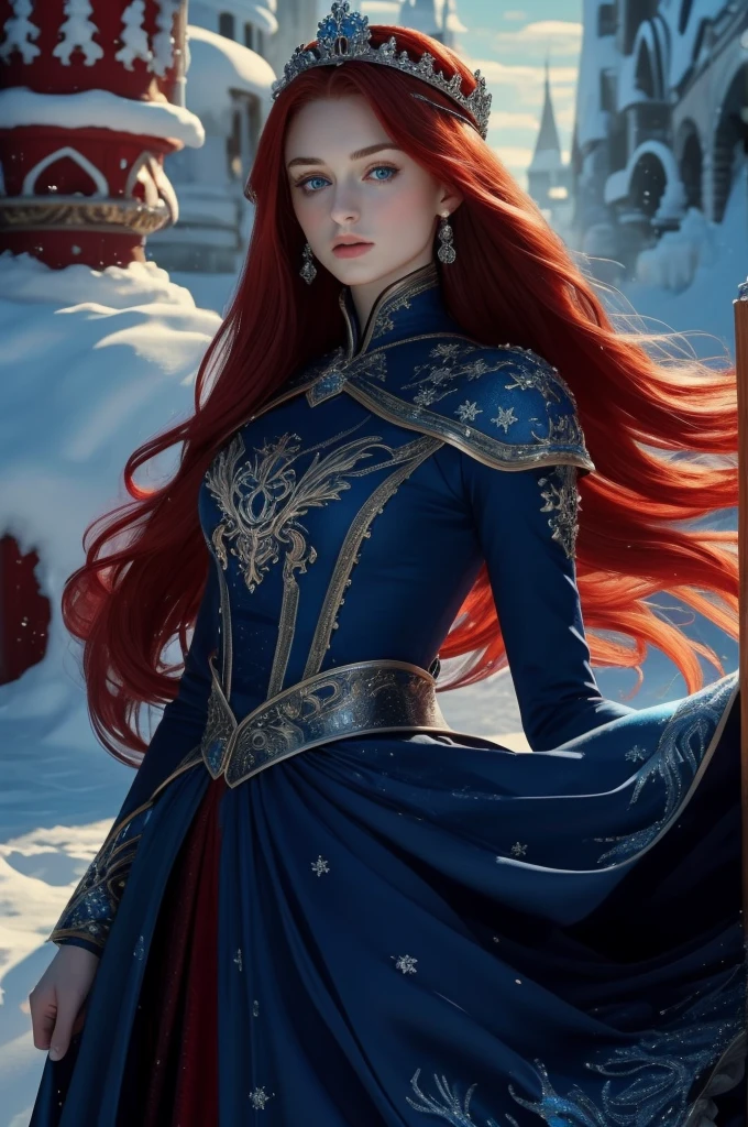 16 year old Sophie Turner, ultra detailed face, ultra detailed blue eyes, long red hair, (dress, long skirt), crown, winter, (((masterpiece)))