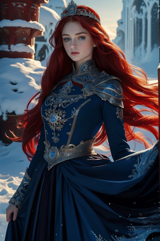 Sophie Turner, ultra detailed face, ultra detailed blue eyes, long red hair, (dress, long skirt), crown, winter, (((masterpiece)))