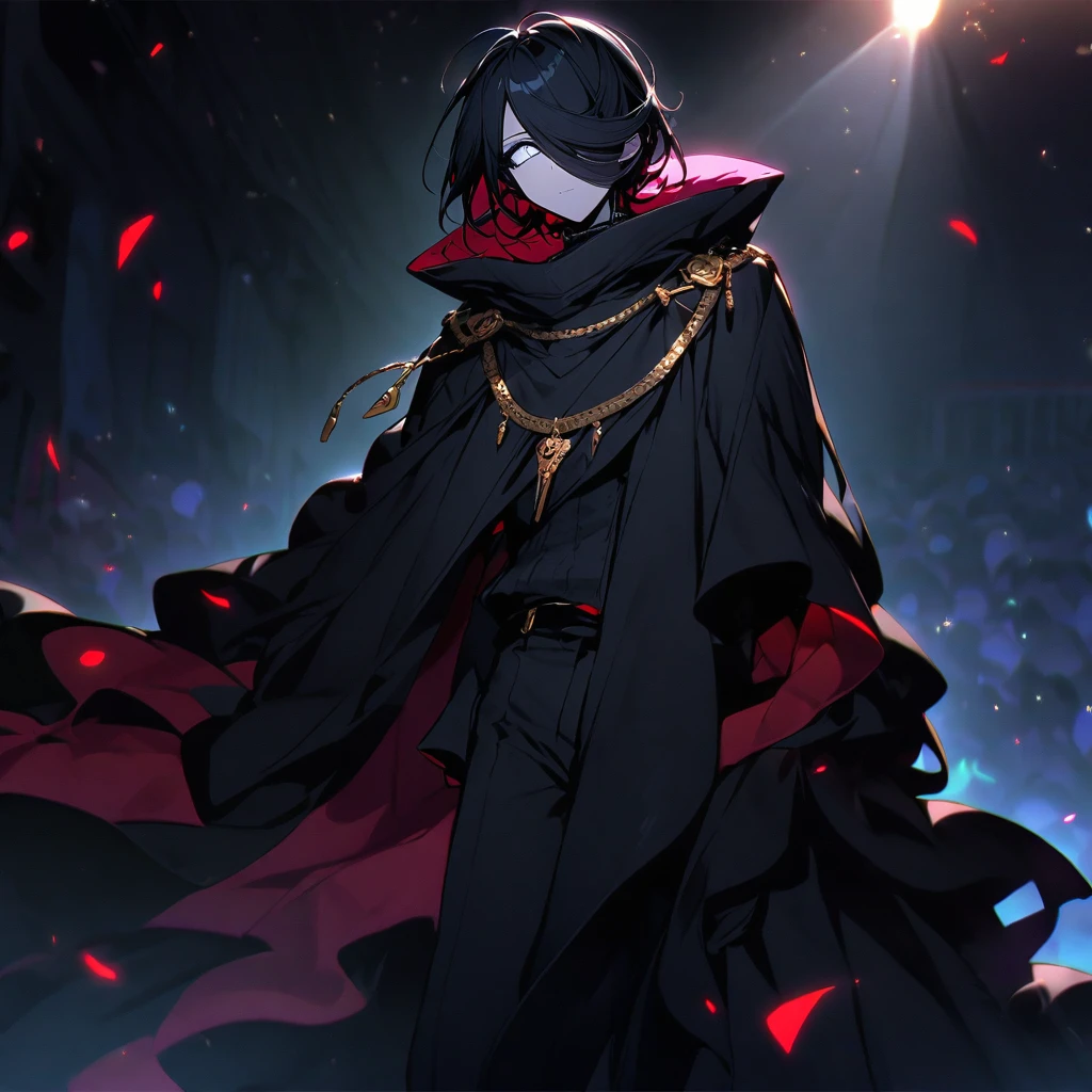(Well done:1) man, long, straight black hair that covers one of the eyes, white eyes, necklace, black cape that covers a large part of the body with a hood, black pants, black shoes. on the stage of a theater