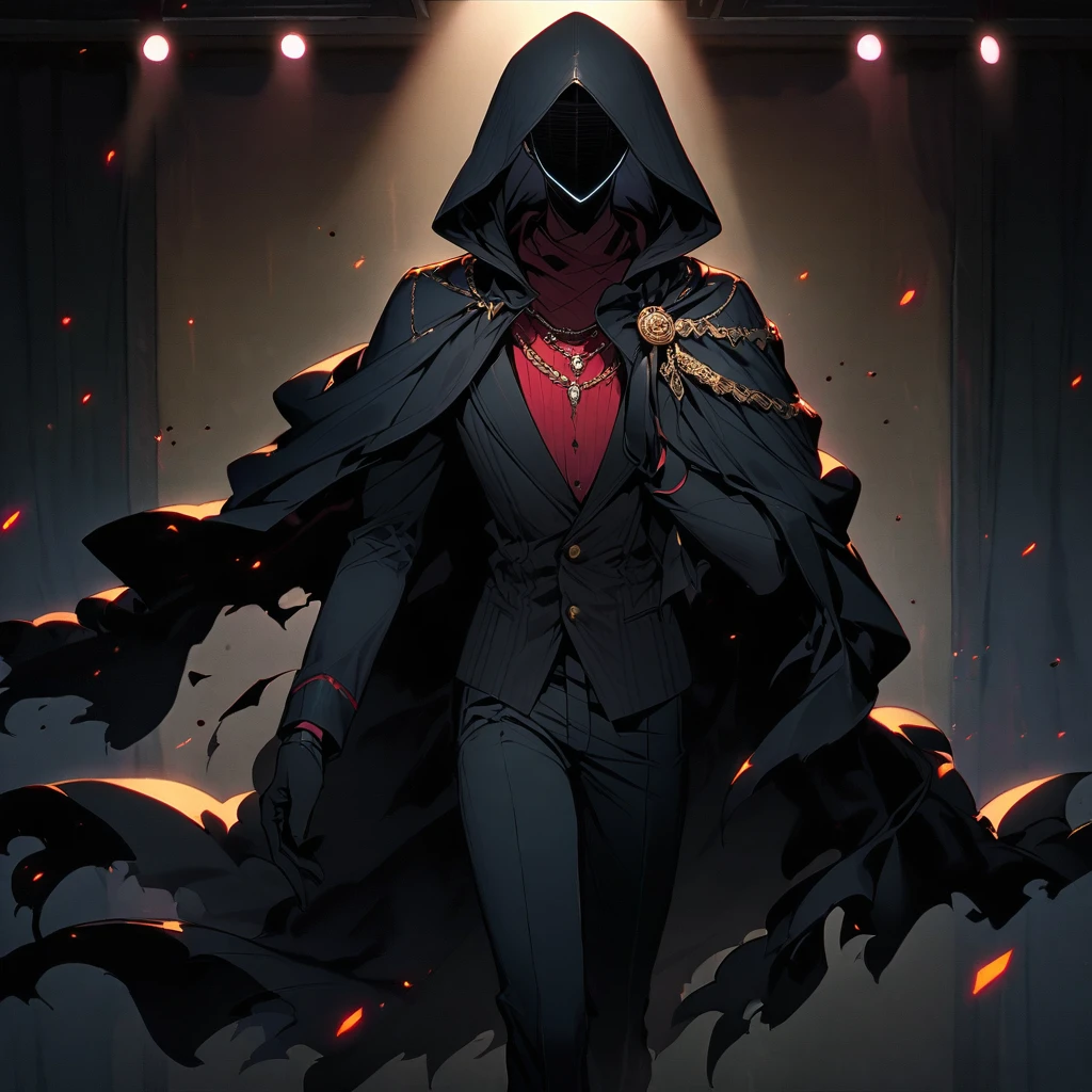 (Well done:1) man, long, straight black hair that covers one of the eyes, white eyes, necklace, black cape that covers a large part of the body with a hood, black pants, black shoes. on the stage of a theater