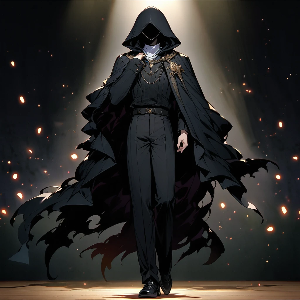 (Well done:1) man, long, straight black hair that covers one of the eyes, white eyes, necklace, black cape that covers a large part of the body with a hood, black pants, black shoes. on the stage of a theater