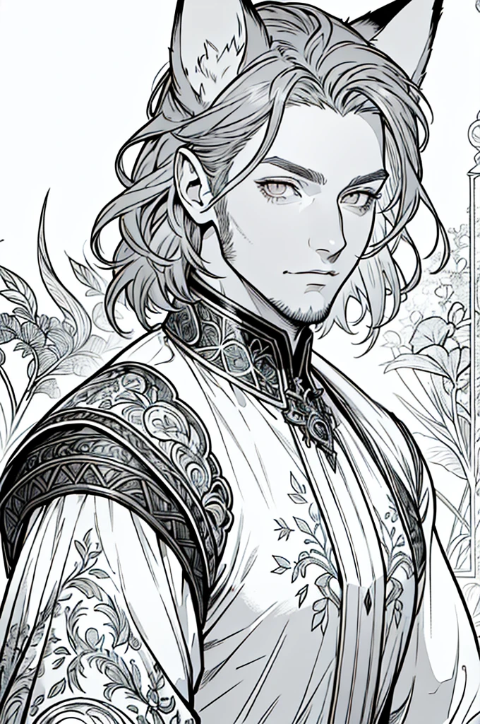 (masterpiece),(Very detailed),(Very detailed),(best quality), lineart, one man, fantasy character with fox ears, silver eyes, short red hair, ((portrait)) tall, stunning, fantasy, beautiful face, animated style, perfect face, highest detail, stubble, detailed face, clothes, intricate details, fantasy background, expressionless, solo,
