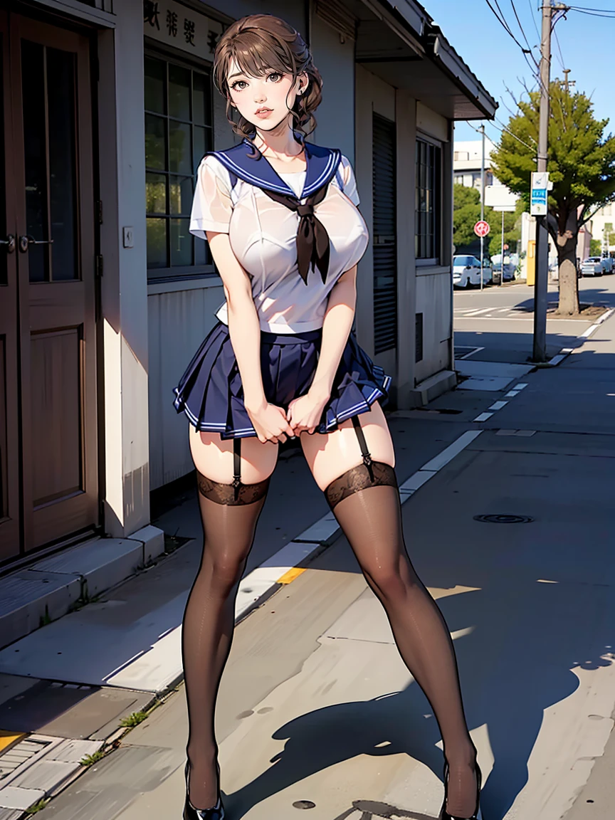 (masterpiece, Highest quality:1.2), One Girl, alone, whole body, Big Breasts,, Brown Hair,Big Breasts, Brown eyes, Mature Woman, blush, , she is standing on the street,whole body, Brown Hair, lipstick, ランダムなカラーのSailor suit、((High quality fabric, Sailor suit, Navy Pleated Skirt)), ((Short length)), zettai ryouiki, Exposing your thighs, White skin, (Black garter stockings), ((Wear black high heels)),, (Show me your skirt flipping up:1.2), (I like showing my crotch to the audience......, ), pubic hair,