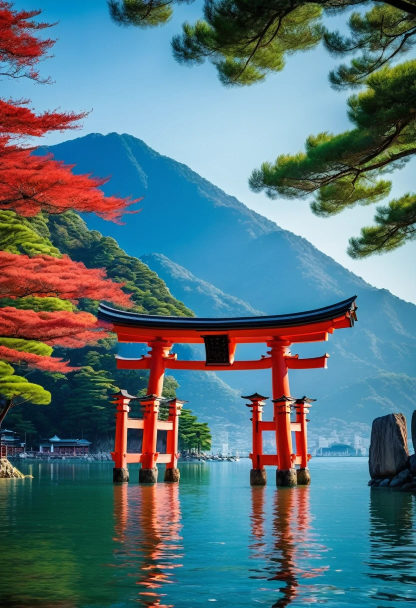 "A picturesque view of the Itsukushima Shrine's floating torii gate in Miyajima, Japan. The majestic red gate stands in the serene blue waters, with the reflection shimmering below. The background features lush green mountains and a clear blue sky, creating a peaceful and awe-inspiring scene."