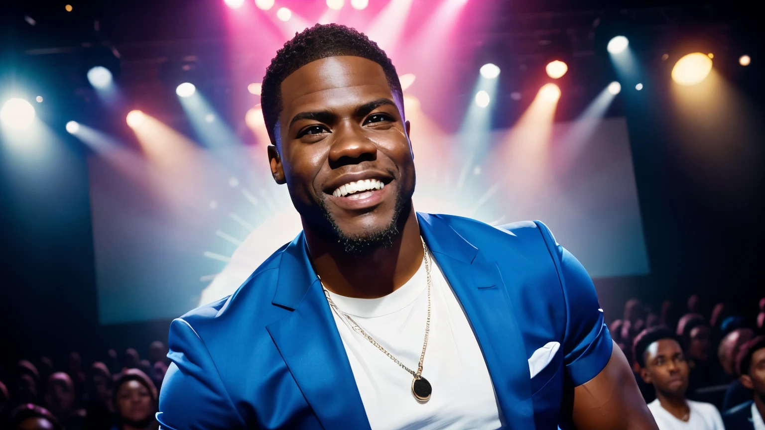 Create a vibrant, cartoon-style portrait of Kevin Hart. The character should be depicted with a wide, engaging smile and expressive eyes that radiate energy and charisma. He should be dressed in a stylish, bright blue blazer over a crisp white shirt, embodying his distinctive flair. The background should be a simplified comedy club scene, with a spotlight illuminating him and a blurred impression of an audience in the background, emphasizing his star presence on stage. The art style should be exaggerated and lively, using bold colors and clear, dynamic lines to convey a cartoonish and energetic feel.
