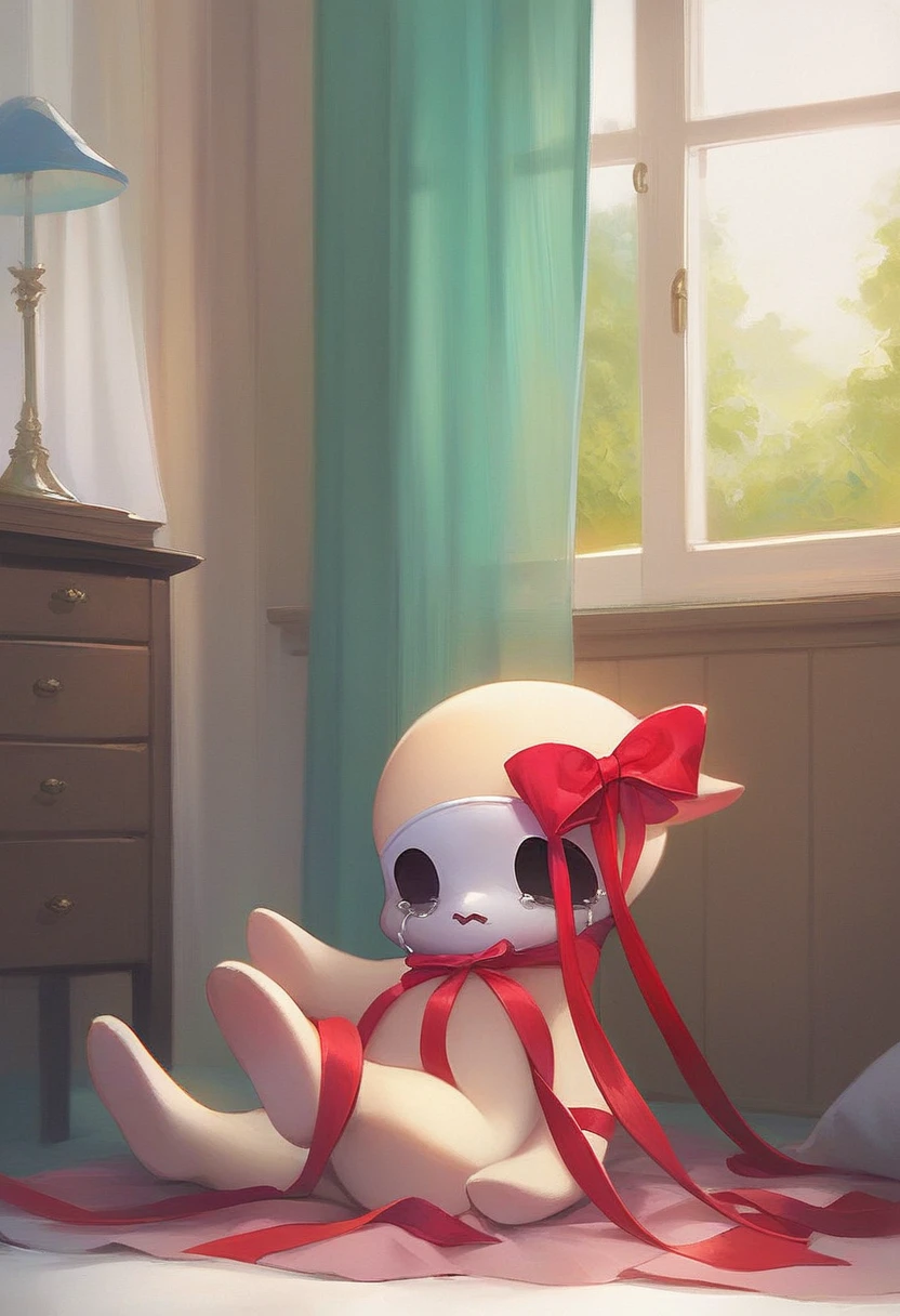 gangle, solo, blue eyes, ribbon, indoors, tears, red ribbon, no humans, mask, crying, curtains, female, full body, source, black eyes, humanoid, source, red ribbons on body