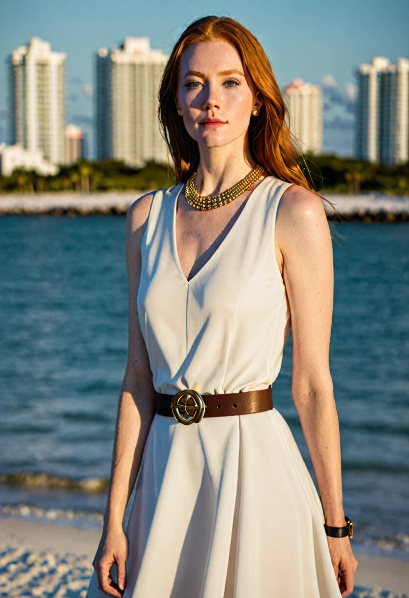 closeup night time half body torso symmetrical view of an outdoor photo an image of a athletic Scottish ginger pale woman standing on Miami Beach at night wearing a black sleeveless dress with a brown belt and a gold necklace. She is standing facing the camera , a portrait, by Max Dauthendey, instagram, assamese aesthetic, cute girl wearing tank suit, beach pic, closeup - view, wallpaper - 1 0 2 4, noseless, cleavage, profile picture, concentration, sittin, tv show still, round thighs, breathing, profile pic, chakras. backlit, she has long straight hair in a black sleeveless dress with a brown belt and a gold necklace." The dress is a sleeveless, fitted bodice with a full skirt. It is a classic style of dress, often referred to as a "fit and flare" or "A-line" dress. The dress is cinched at the waist with a brown leather belt with a gold buckle. The woman is also wearing a gold necklace with small round beads. This photo is taken outside during the night time, with huge amount of flash shining on her body, backlit, off-camera flash lighting, hard flash, white flash, direct flash, extremly bright flash shining on her body close-up, portrait, high quality, hyper realistic