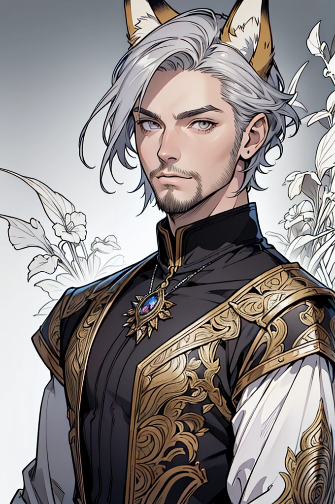 (masterpiece),(Very detailed),(Very detailed),(best quality), lineart, one man, fantasy character with fox ears, silver eyes, short red hair, ((portrait)) tall, stunning, fantasy, beautiful face, animated style, perfect face, highest detail, stubble, detailed face, clothes, intricate details, fantasy background, expressionless, solo,