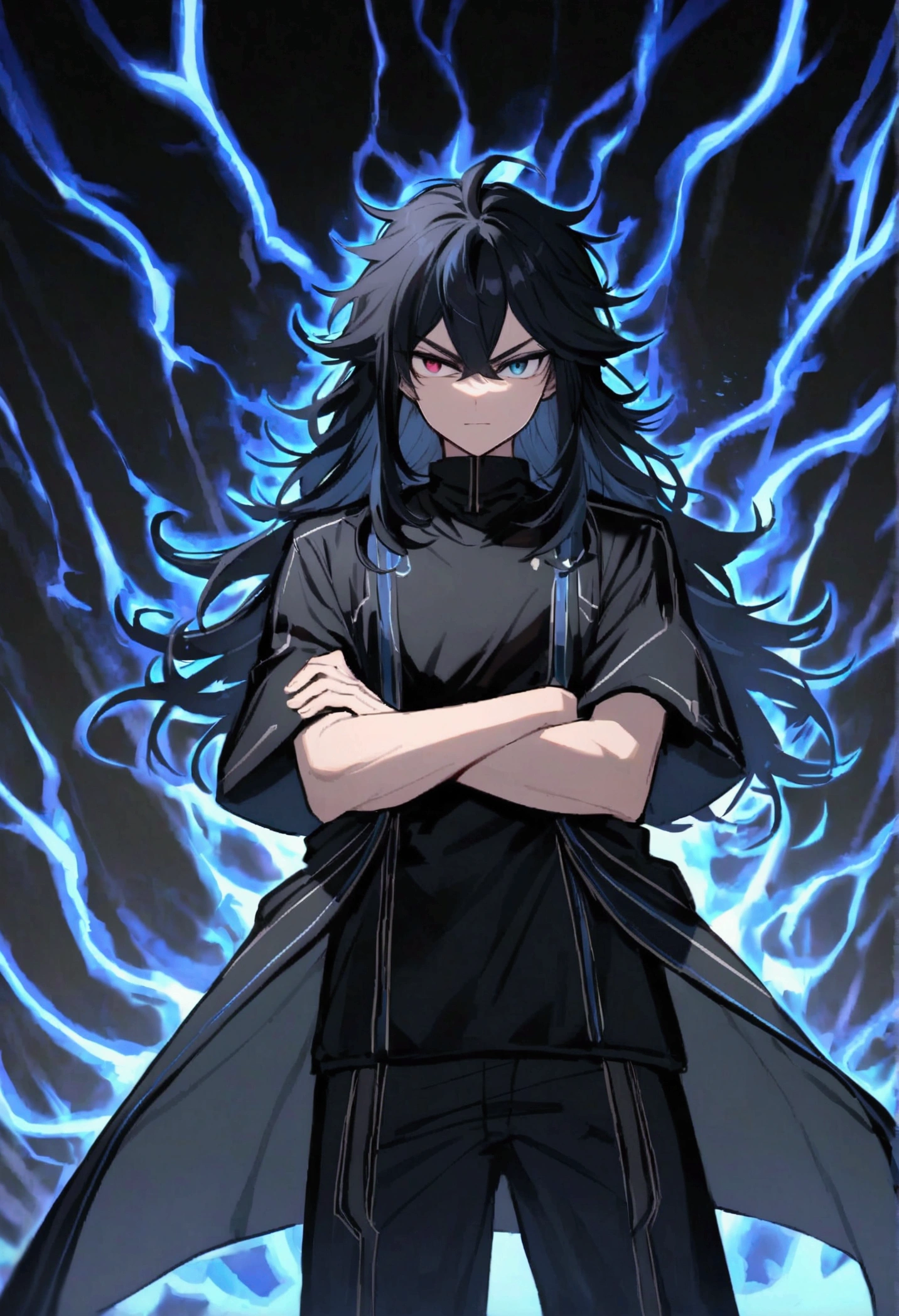 Teenage boy, Messy hair, long hair, multicolored blue and black hair, crossed arms, blue and black eyes, heterochromia, Simple smile, serious face, black jersey, dark blue detailed and wide short-sleeved overcoat, detailed black pants, electric aura around the character,