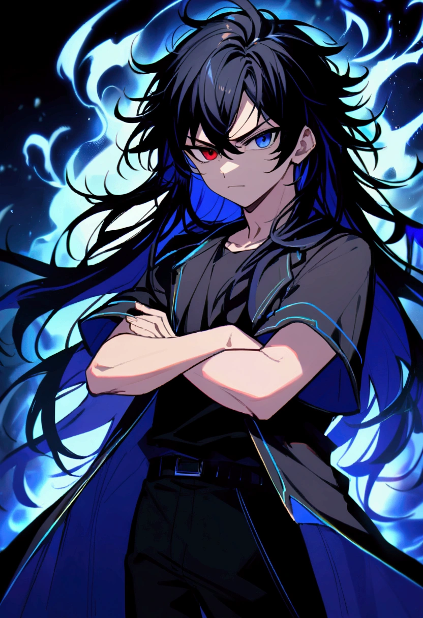Teenage boy, Messy hair, long hair, multicolored blue and black hair, crossed arms, blue and black eyes, heterochromia, Simple smile, serious face, black jersey, dark blue detailed and wide short-sleeved overcoat, detailed black pants, electric aura around the character,