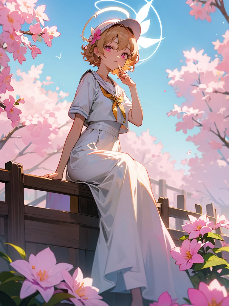 Buddha, halo, white sailor dress, sitting on a fence, blue sky, pink eyes, short curly blonde hair, flower hat