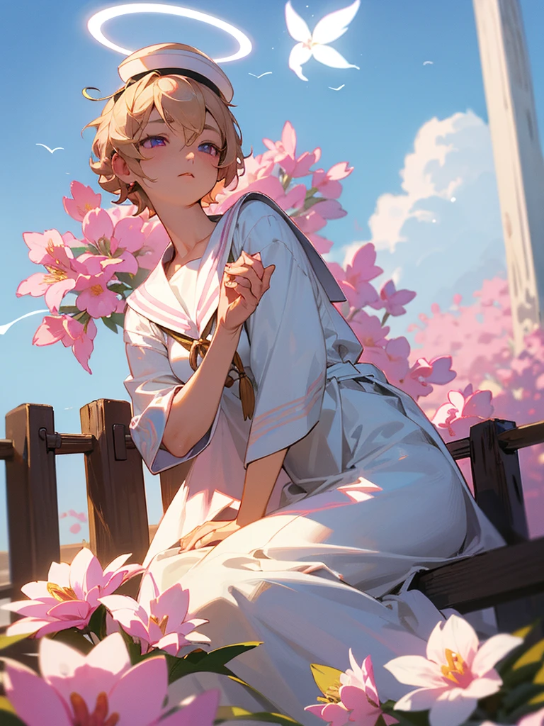 Buddha, halo, white sailor dress, sitting on a fence, blue sky, pink eyes, short curly blonde hair, flower hat
