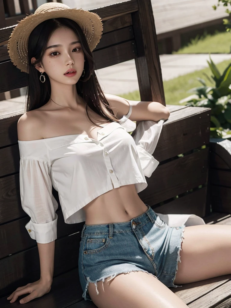 absurdres, RAW photo, extremely delicate and beautiful, masterpiece, Best Quality, ultra high resolution, 32k, hyperrealistic, ultra-detailed, perfect anatomy, super Detailed skin, Super Beauty, perfect figure, Perfect Style, Perfect balance, in her 20s, very small head, very small face, delicate facial features, tearful mole, earring, very huge breasts, bare legs, full body shot, medium hair, black hair, casual, blouse, white shirt, buttoned shirt, bare shoulders, collarbone, midriff, navel, shorts, straw hat,