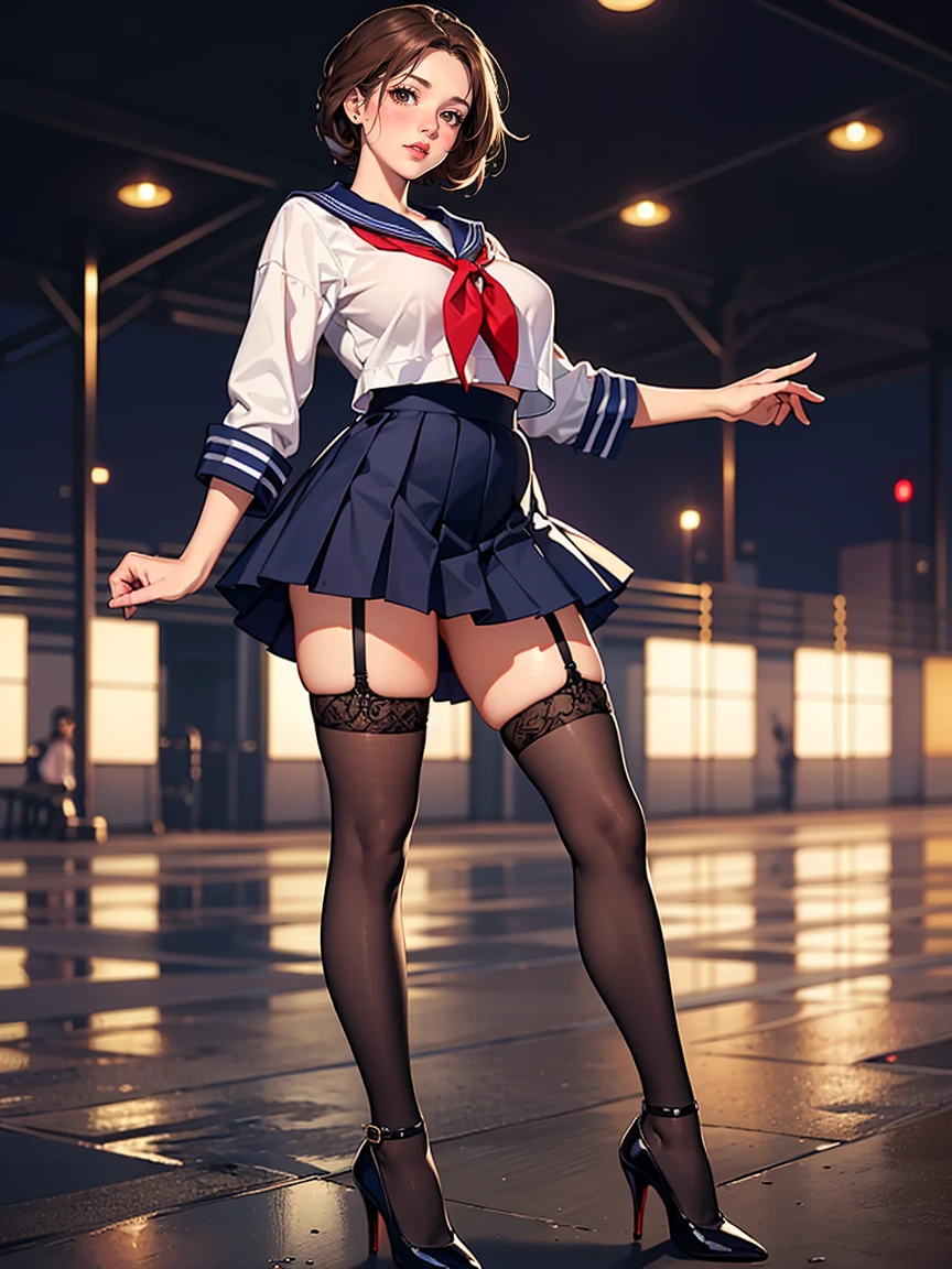 (masterpiece, Highest quality:1.2), One Girl, alone, whole body, Big Breasts,, Brown Hair,Big Breasts, Brown eyes, Mature Woman, blush, , she is standing on the street,whole body, Brown Hair, lipstick, ランダムなカラーのSailor suit、((High quality fabric, Sailor suit, Navy Pleated Skirt)), ((Short length)), zettai ryouiki, Exposing your thighs, White skin, (Black garter stockings), ((Wear black high heels)),, (Show me your skirt flipping up:1.2), (I like showing my crotch to the audience......, ), pubic hair,