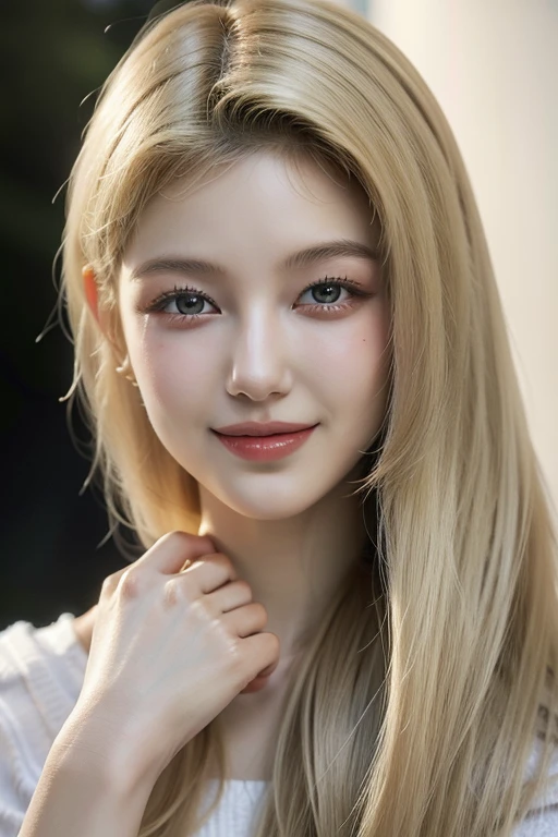 Grinning, dainty, hair blonde, ultra realisitic, pretty