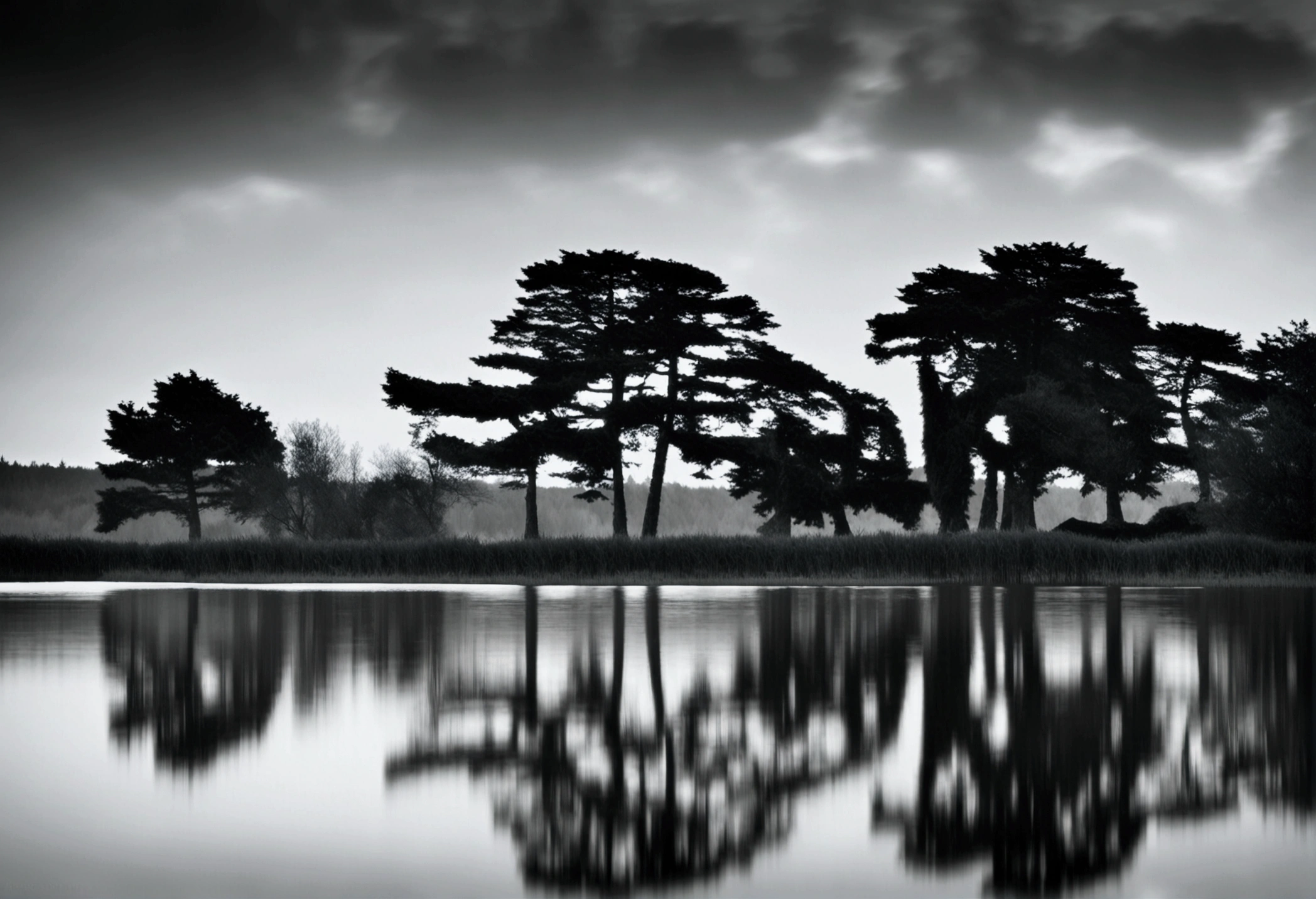a tranquil lakeside retreat, still waters, towering trees, mirrorless camera, telephoto lens, sunset, serene landscape, black and white film, masterpiece, photorealistic, cinematic lighting, moody atmosphere, dramatic shadows, natural textures, detailed foliage, mirror-like reflection, dramatic skies, cinematic composition