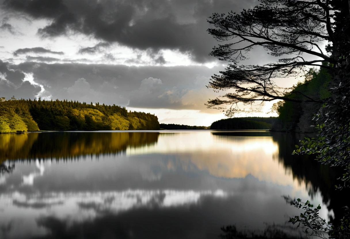 a tranquil lakeside retreat, still waters, towering trees, mirrorless camera, telephoto lens, sunset, serene landscape, black and white film, masterpiece, photorealistic, cinematic lighting, moody atmosphere, dramatic shadows, natural textures, detailed foliage, mirror-like reflection, dramatic skies, cinematic composition