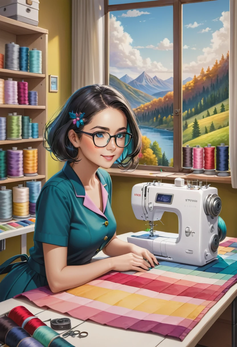 a sewing studio, large beautiful scenery full of colors, with various pockets and seams, a one woman, Grinning, with glasses, black hair, behind a sewing machine,