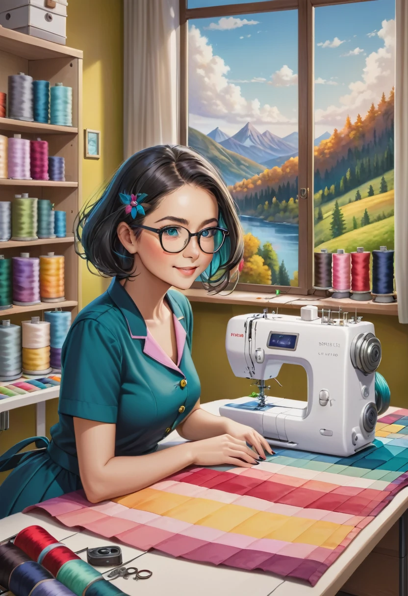 a sewing studio, large beautiful scenery full of colors, with various pockets and seams, a one woman, Grinning, with glasses, black hair, behind a sewing machine,