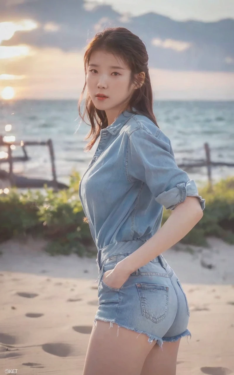 a woman in denim shorts posing on the beach at sunset, bae suzy, sun yunjoo, heonhwa choe, jaeyeon nam, hot with shining sun, hwang se - on, casual pose, lee ji-eun, lee ji - eun, gorgeous young korean woman, korean girl, beautiful young korean woman, korean women's fashion model, sakimichan, IU