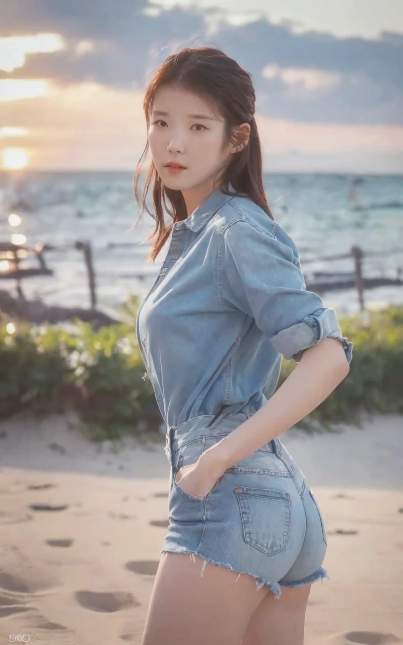 a woman in denim shorts posing on the beach at sunset, bae suzy, sun yunjoo, heonhwa choe, jaeyeon nam, hot with shining sun, hwang se - on, casual pose, lee ji-eun, lee ji - eun, gorgeous young korean woman, korean girl, beautiful young korean woman, korean women's fashion model, sakimichan, IU