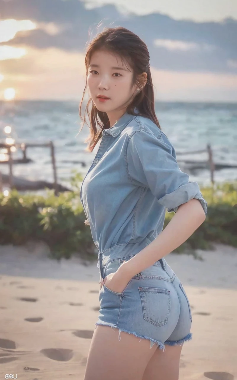 a woman in denim shorts posing on the beach at sunset, bae suzy, sun yunjoo, heonhwa choe, jaeyeon nam, hot with shining sun, hwang se - on, casual pose, lee ji-eun, lee ji - eun, gorgeous young korean woman, korean girl, beautiful young korean woman, korean women's fashion model, sakimichan, IU 