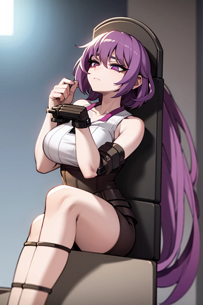 purple hair girl,big breasts lying on a stretcher,with a respirator 