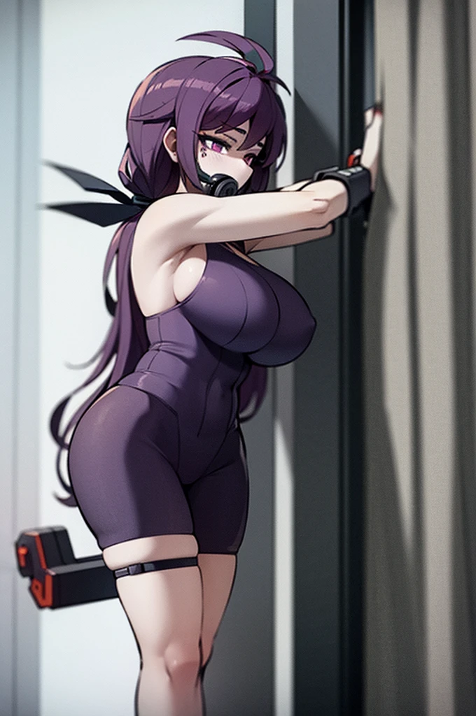 purple hair girl,big breasts lying on a stretcher,with a respirator