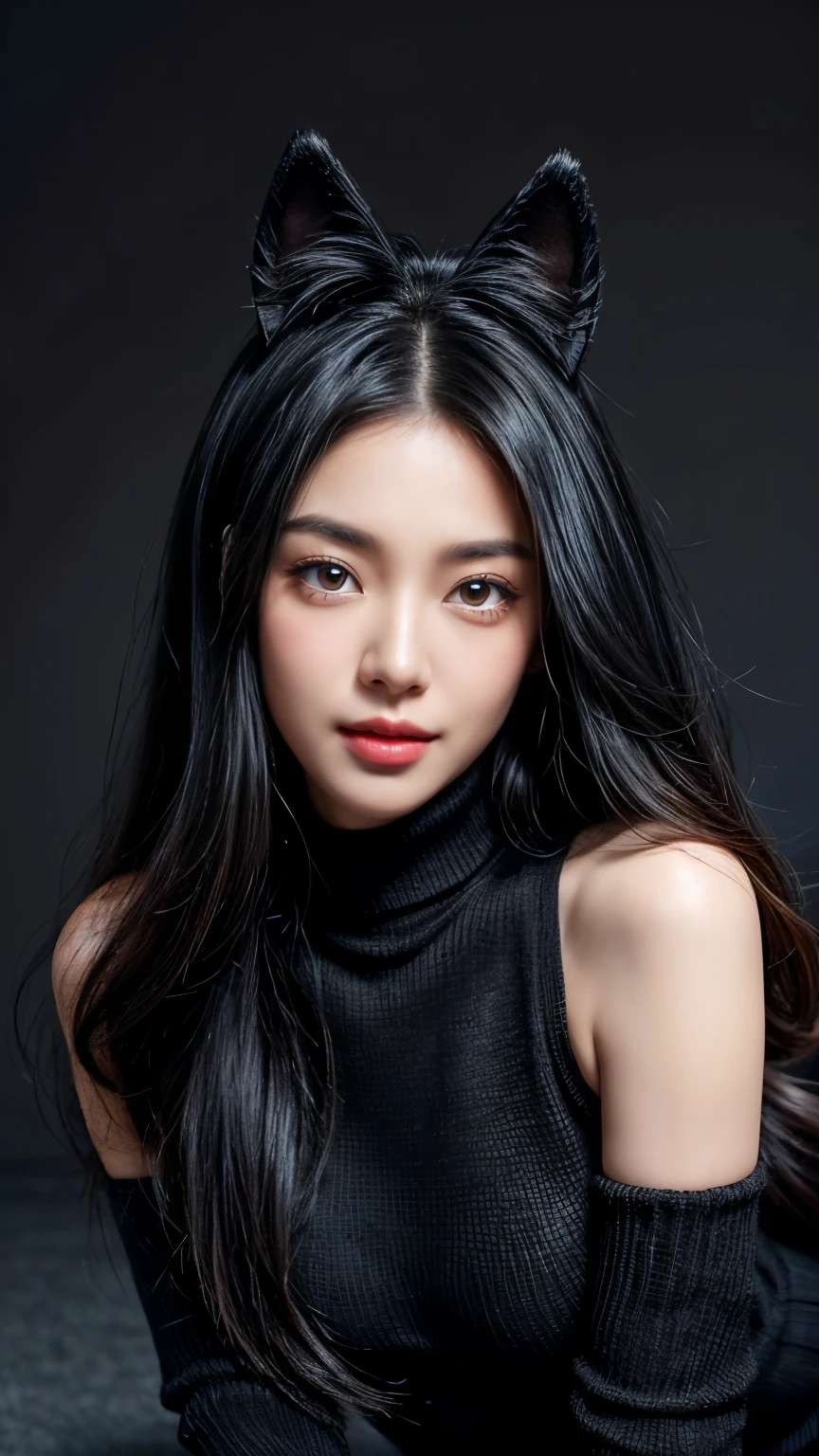 wear black sweater, spread leg, (smile to viewer), (looking at viewer), diamond face shape, (((Masterpiece))), floor carpet, (((Best Quality: 1.4))), ((Super Detail: 1.4)), gorgeous exotic features, amber neon eyes:1.5, long black hair, hyper detailed face features, expressivo face, detailed textures, blue skintone, natural skin shader, volumetrics, warm undertones under her skin, ultra High resolution, pair skin, korean, black hair, cute face, (full show perfect body), huge rounded breasts, 8k, anatomically correct, (dynamic lighting), wolf ears, fake animal ears, fake wolf tail, swinging tail