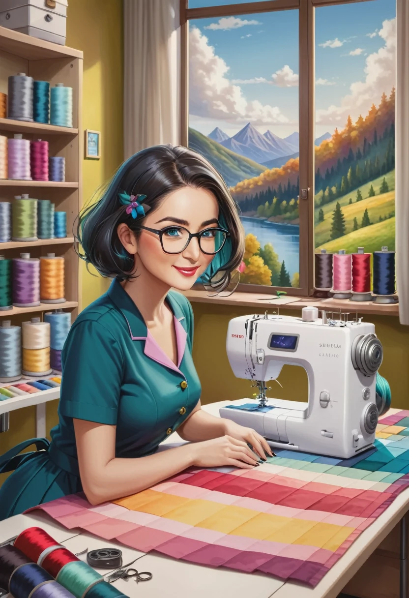 a sewing studio, large beautiful scenery full of colors, with various pockets and seams, a one woman, Grinning, with glasses, black hair, behind a sewing machine,
