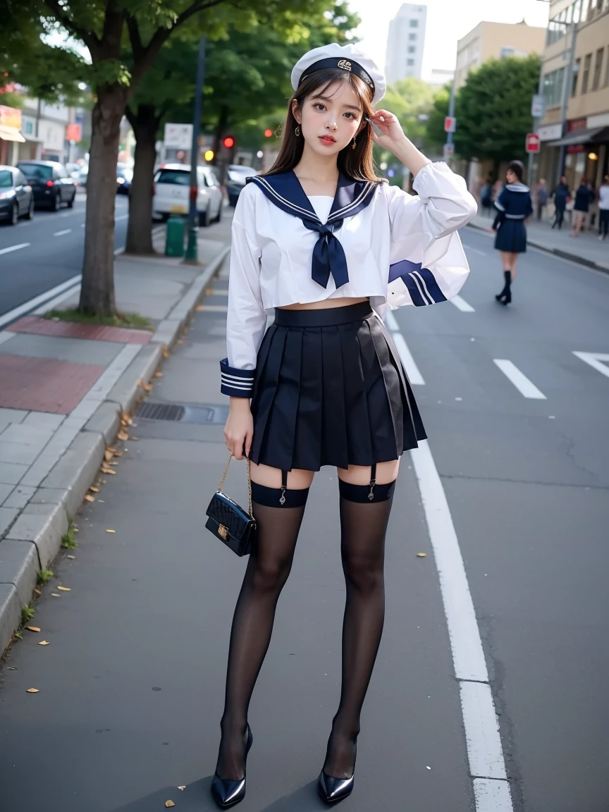 (masterpiece, Highest quality:1.2), One Girl, alone, whole body, Big Breasts,, Brown Hair,Big Breasts, Brown eyes, Mature Woman, blush, , she is standing on the street,whole body, Brown Hair, lipstick, ランダムなカラーのSailor suit、((High quality fabric, Sailor suit, Navy Pleated Skirt)), ((Short length)), zettai ryouiki, Exposing your thighs, White skin, (Black garter stockings), ((Wear black high heels)),, (Show me your skirt flipping up:1.2), (I like showing my crotch to the audience......, ), pubic hair,
